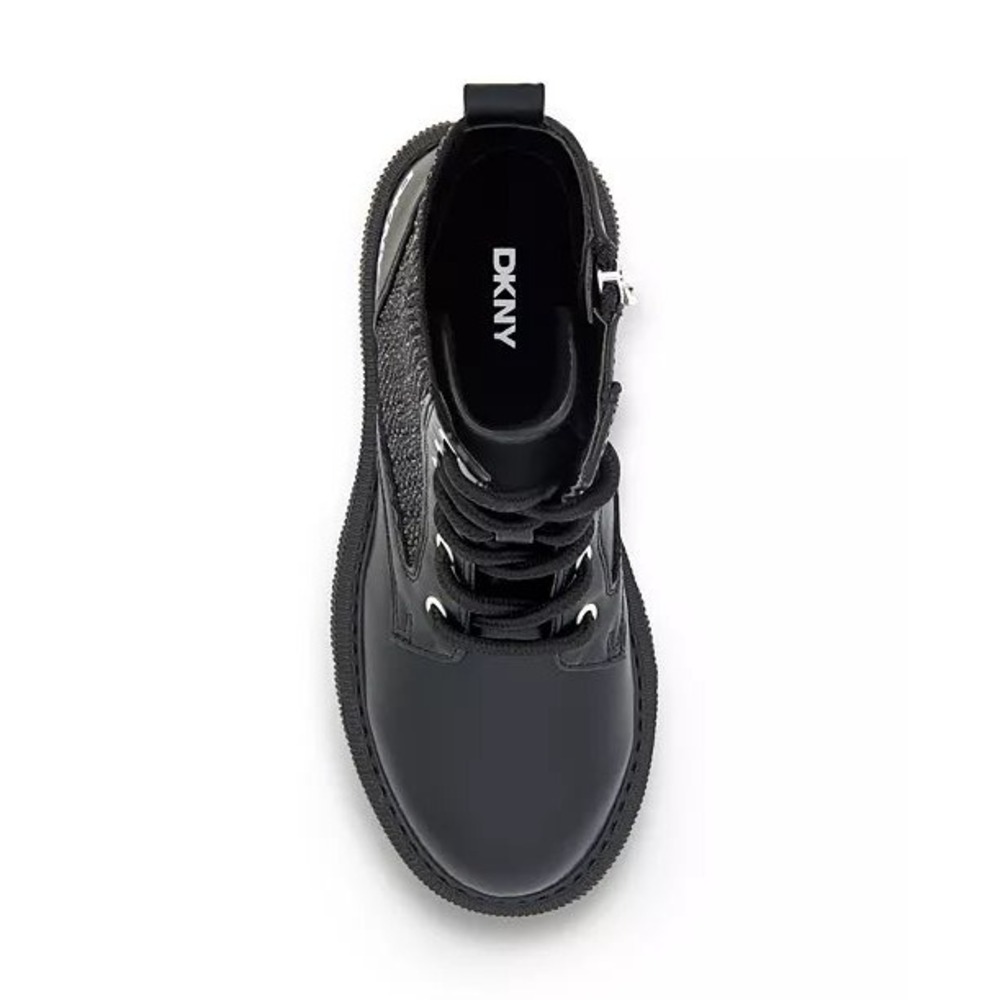 DKNY Kids Black Ava Menia Combat Boots Rhinestone Cuff Side Zip Lace Up Sz 2 NEW - Picture 13 of 15